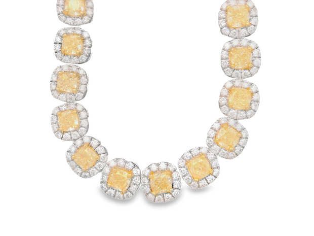 Cushion Cut Yellow Diamond Tennis Necklace - 21 Ct