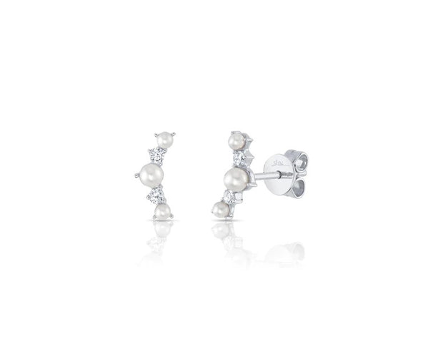 SHY CREATION - DIAMOND AND PEARL CURVED BAR POST EARRINGS