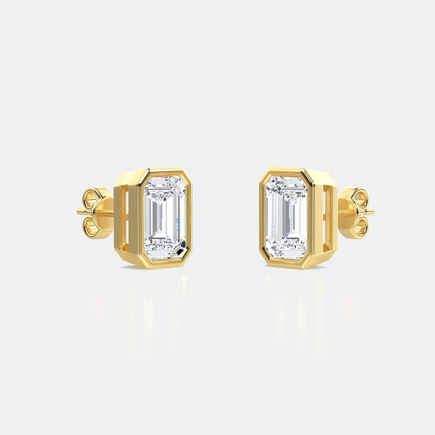 Bezel Set Emerald Cut Diamond Stud Earrings