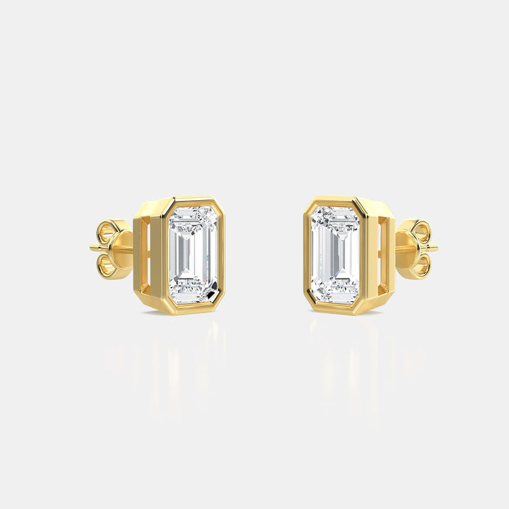 Bezel Set Emerald Cut Diamond Stud Earrings