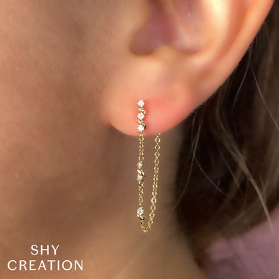 Shy Creation - Diamond Dangle Chain Earrings