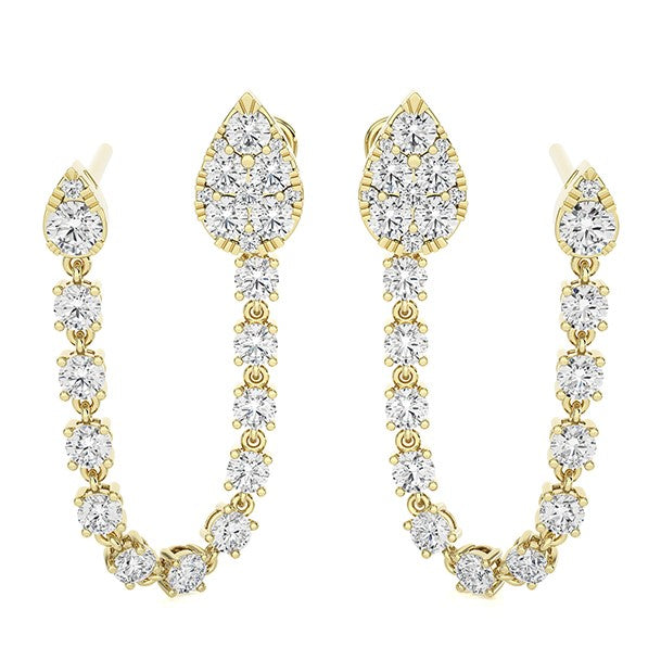Chain Connected Double Stud Diamond Dangle Earrings