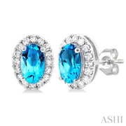 Oval Shape Blue Topaz & Halo Diamond Earrings