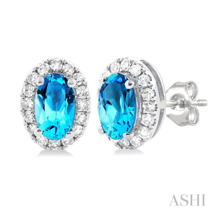 Oval Shape Blue Topaz & Halo Diamond Earrings