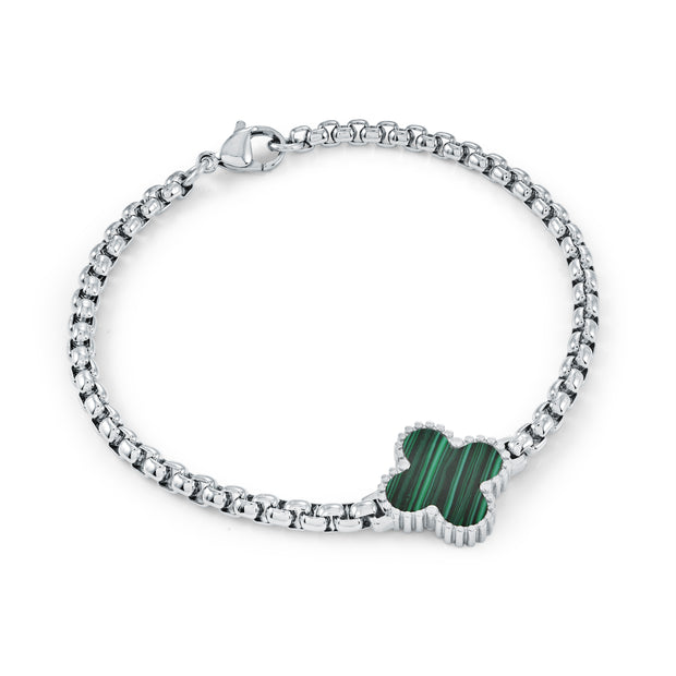 Italgem - Stainless Steel Malachite Clover On 3.5Mm Rounded Box Link Bracelet