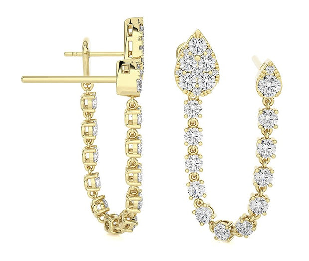 Chain Connected Double Stud Diamond Dangle Earrings