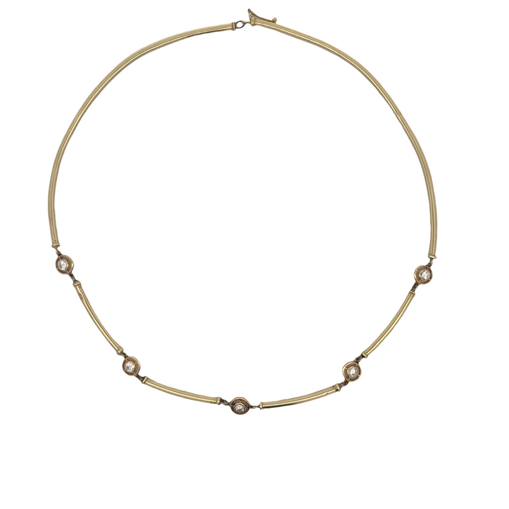 Yellow Gold Tube Stationed Diamond Necklace