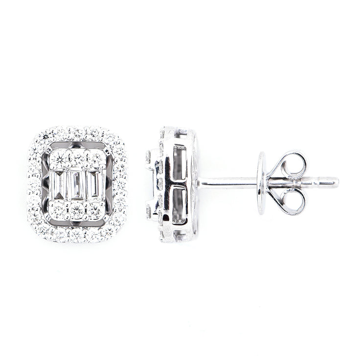 Emerald Shaped Cluster Diamonds With Halo Stud Earrings