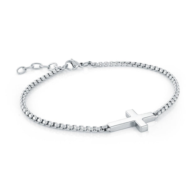 White Stainless Steel Sideways Cross Round Box Bracelet