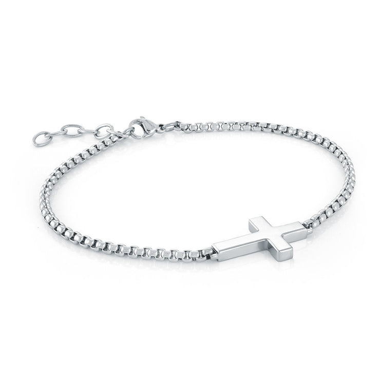 White Stainless Steel Sideways Cross Round Box Bracelet