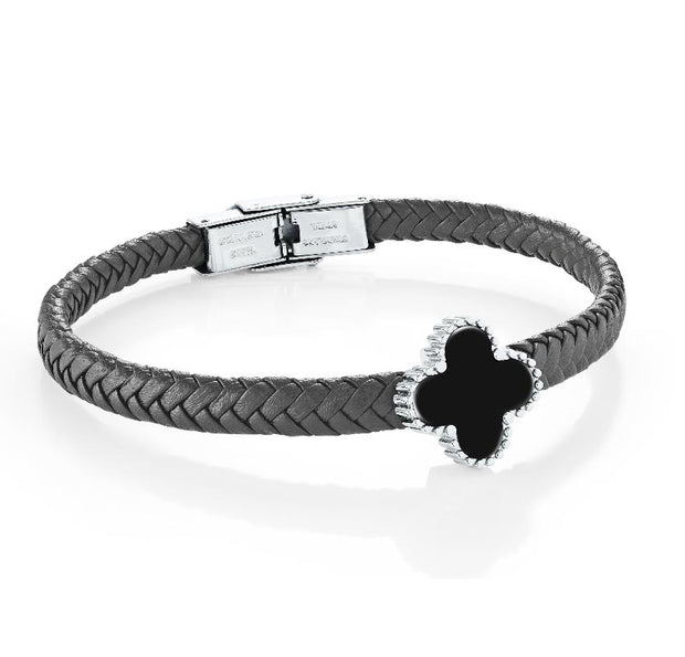 Stainless Steel Black Onyx Clover Black Leather Bracelet