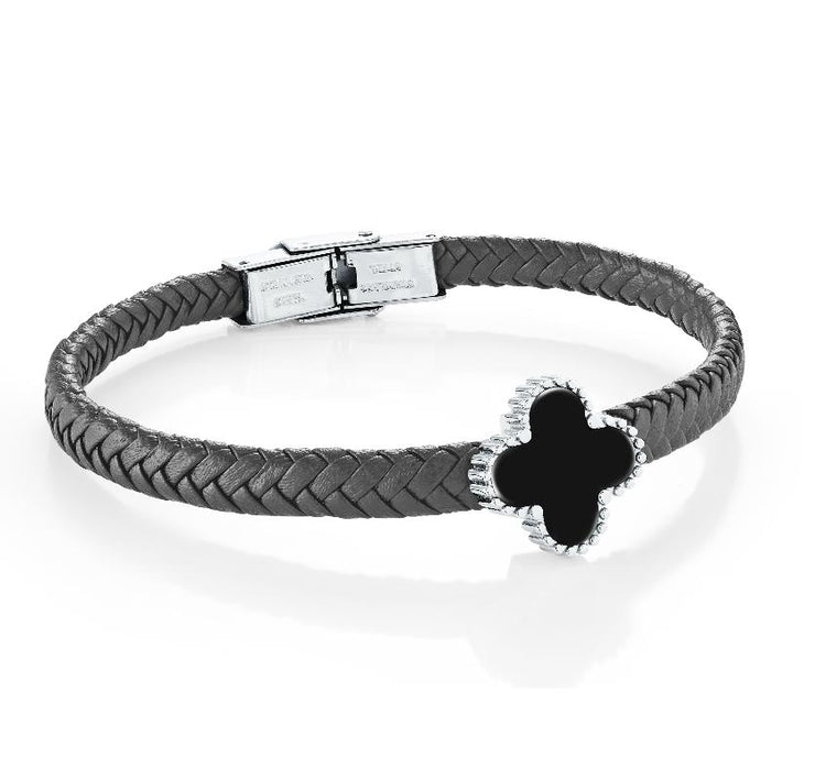 Stainless Steel Black Onyx Clover Black Leather Bracelet