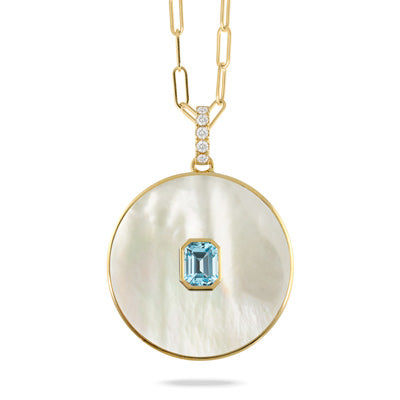 Blue Topaz And White Mother Of Pearl Yellow Gold Necklace