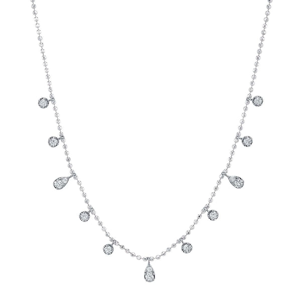 14K White Gold Diamond Faceted Ball Chain Necklace With 14=0.64ctw Round Diamonds