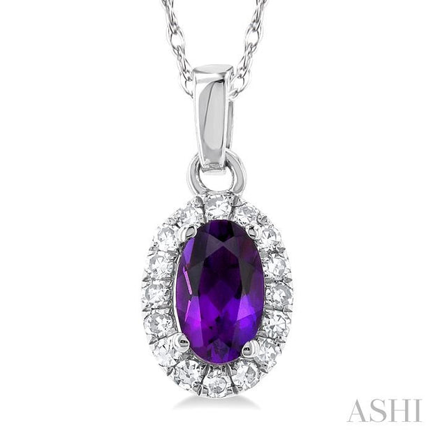 Oval Shape Amethyst & Halo Diamond Pendant Necklace