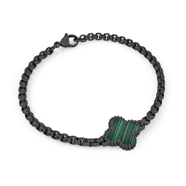 Black Stainless Steel Malachite Clover Box Link Bracelet