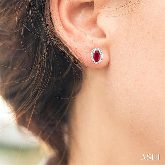 Oval Shape Ruby & Halo Diamond Earrings