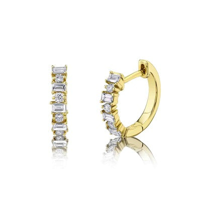 Shy Creation - Yellow Gold Diamond Baguette Huggie Earrings