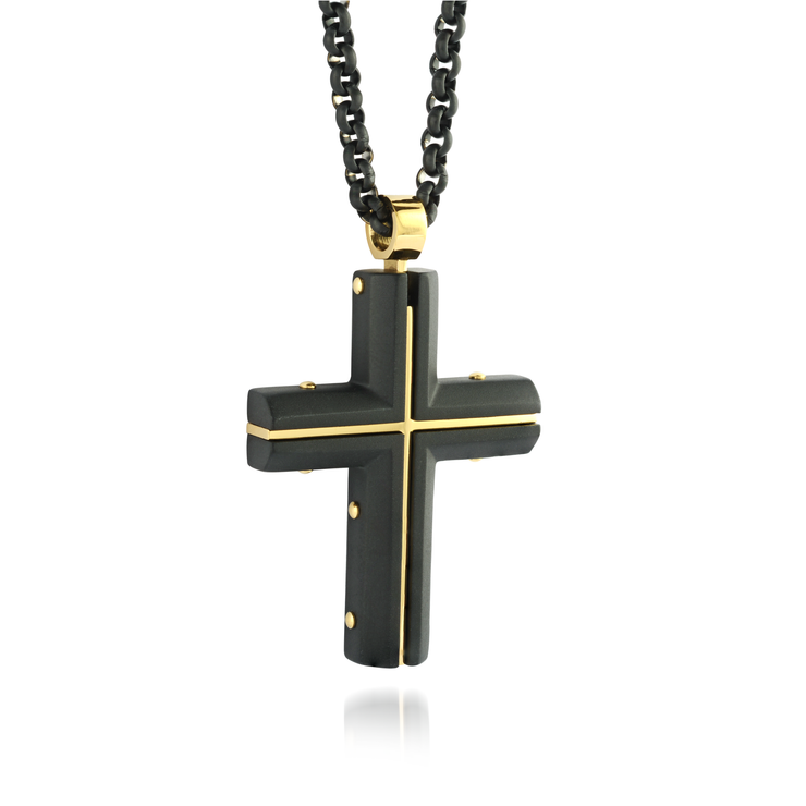 ITALGEM STEEL – BLACK & GOLD CROSS NECKLACE