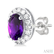 Oval Shape Amethyst & Halo Diamond Earrings