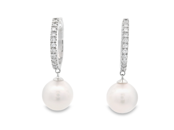 Pearl Dangle Diamond Hoop Earrings