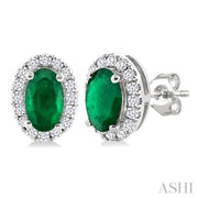 Oval Shape Emerald & Halo Diamond Earrings