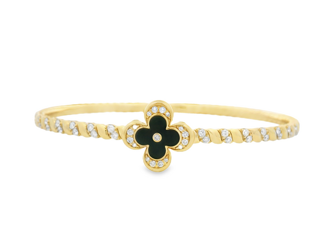 Black Onyx & Diamond Clover Bangle Bracelet