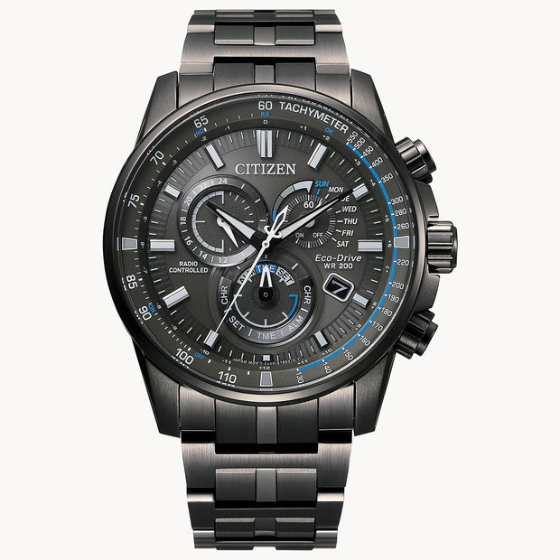CITIZEN:  MEN'S 43MM PCAT ATOMIC WATCH, GRAY STAINLESS STEEL, BLACK DIAL WITH BLUE ACCENTS