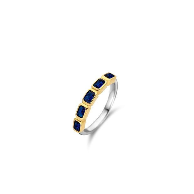 TI SENTO - Two Tone Sterling Silver Gold Plated Bezel Set Dark Blue Emerald Cut Stones With Silver Shank Fashion Ring
