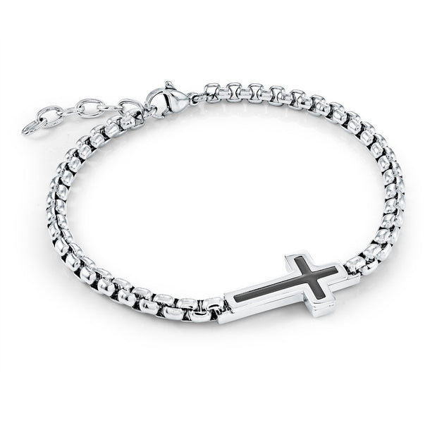 Italgem - Stainless Steel Rounded Box Link Bracelet With Sideways Cross