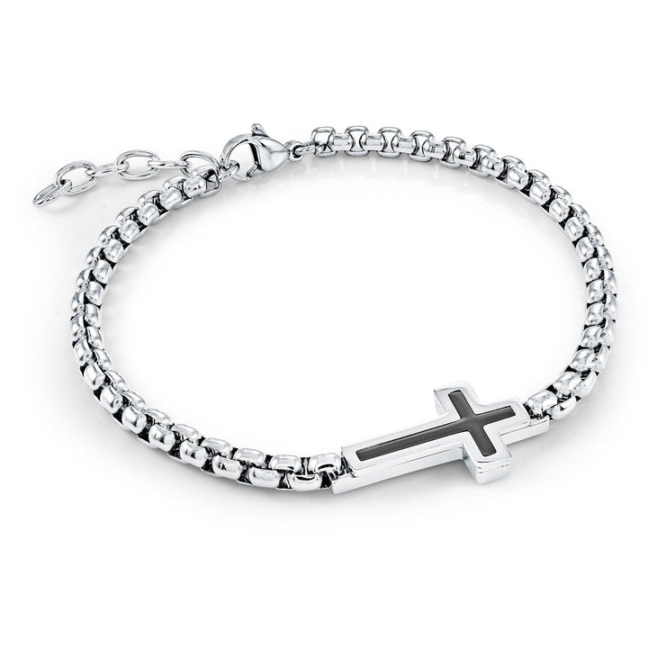 Italgem - Stainless Steel Rounded Box Link Bracelet With Sideways Cross