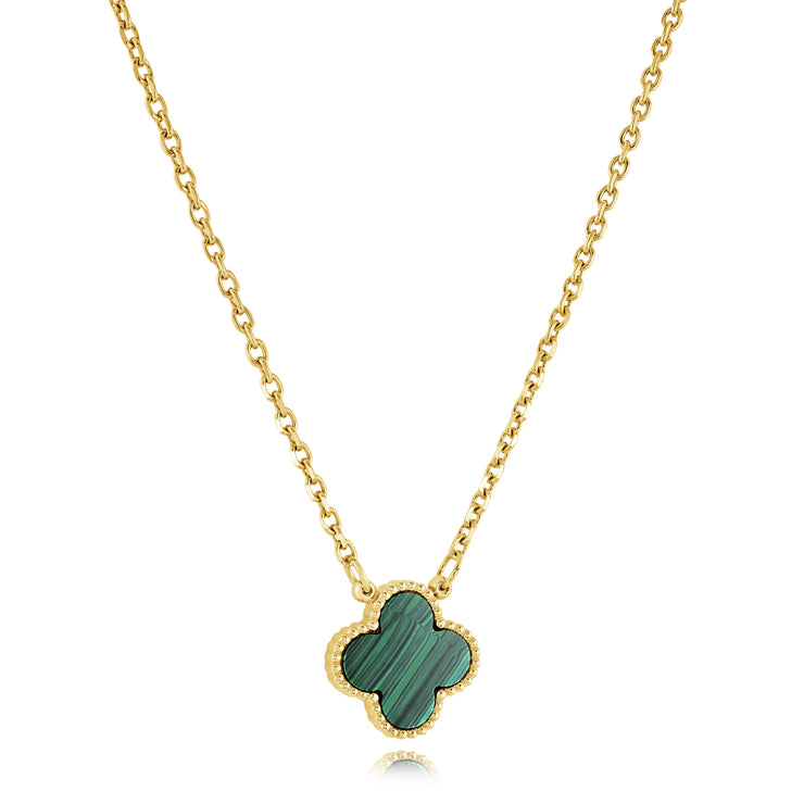 Italgem - Yellow Stainless Steel Green Malachite Clover Necklace 20"