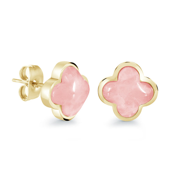 Lady's Yellow Stainless Steel Gold Ion Plated 10Mm Rose Quartz Lucky Clover Stud Earrings