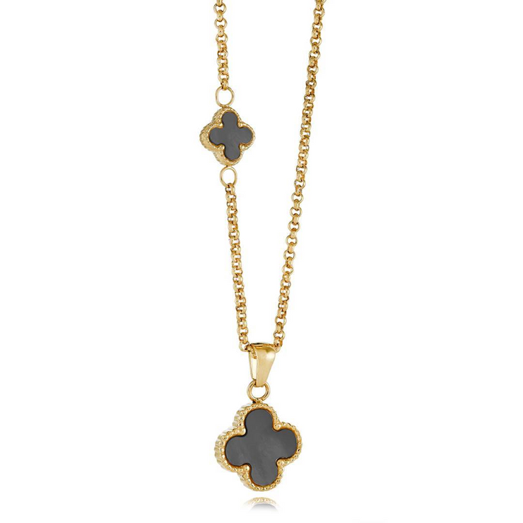 Italgem - Yellow Stainless Steel Mother Of Pearl & Black Acetate Reversible Clover Necklace 18"