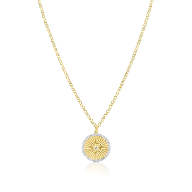 ELA RAE - FLUTED CIRCLE PENDANT WITH ZIRCON OUTLINE ON MINI ROLO CHAIN