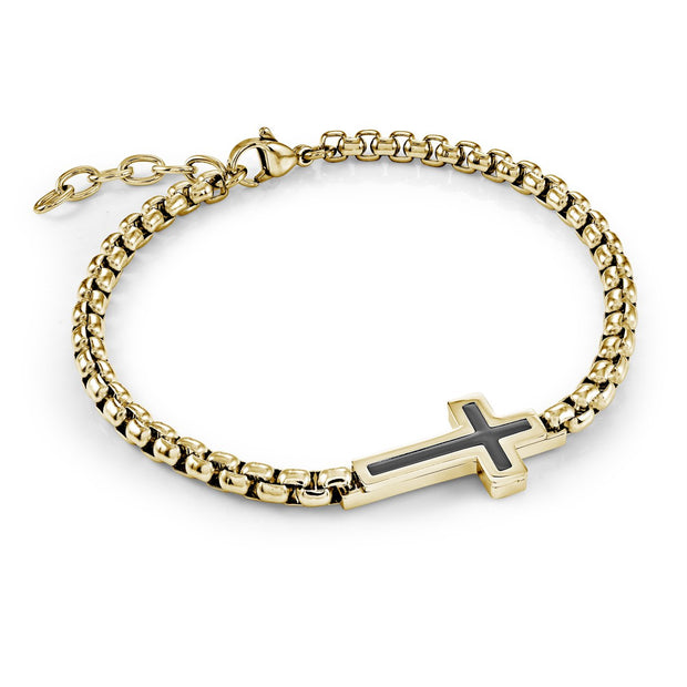 Yellow Stainless Steel Sideways Cross With Black Center On Box Link Bracelet