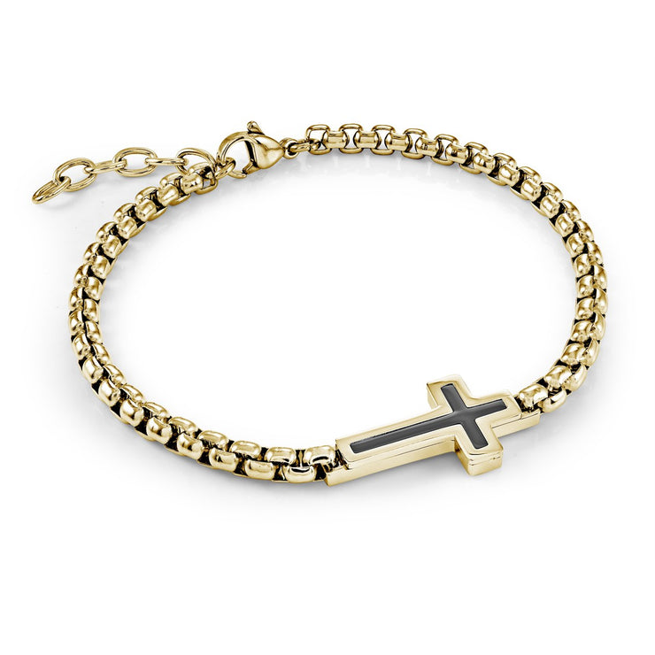 Yellow Stainless Steel Sideways Cross With Black Center On Box Link Bracelet