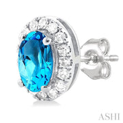 Oval Shape Blue Topaz & Halo Diamond Earrings