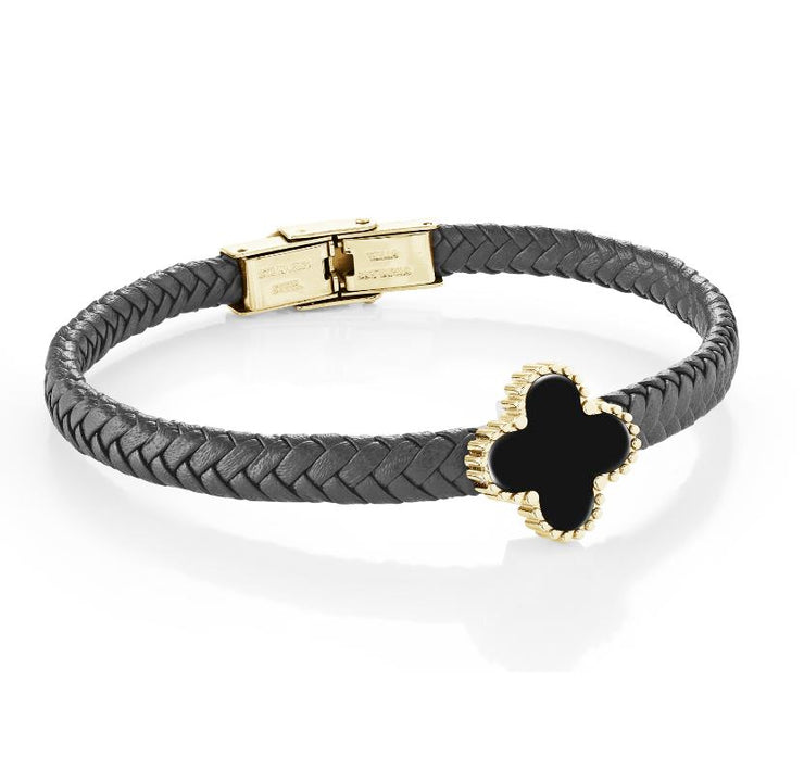 Stainless Steel Gold Plated Black Onyx Clover Black Leather Bracelet