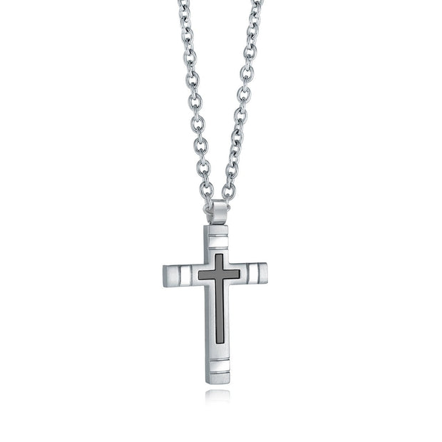 White Stainless Steel Black Center Cross Pendant Necklace