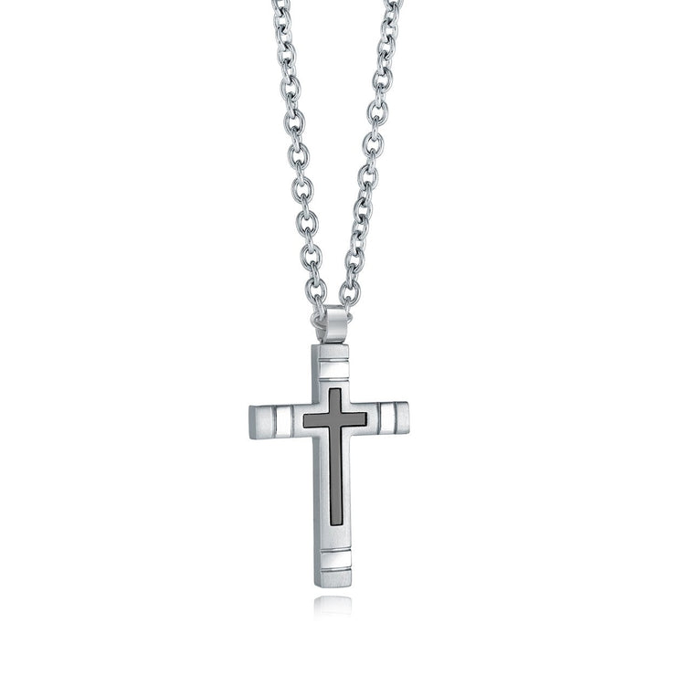 White Stainless Steel Black Center Cross Pendant Necklace