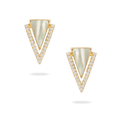 White Mother Of Pearl And Diamond Yellow Gold Triangle Earrings