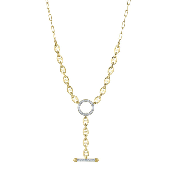 14K Yellow Gold Diamond Circle Link Lariat Necklace With 35=0.24ctw Round Diamonds