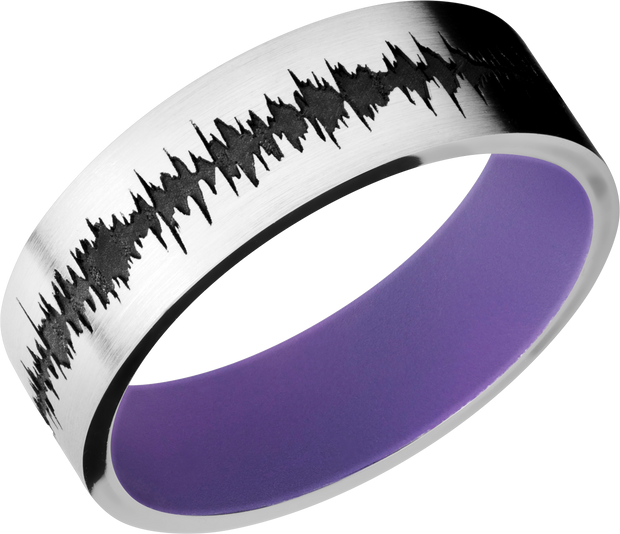 Cobalt chrome 7mm flat band with a laser-carved personalized soundwave and a Bright Purple Cerakote Sleeve