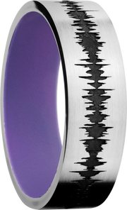 Cobalt chrome 7mm flat band with a laser-carved personalized soundwave and a Bright Purple Cerakote Sleeve