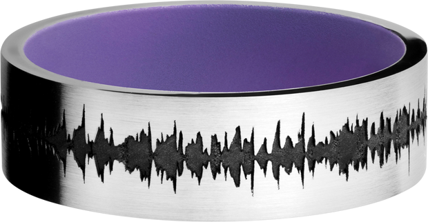 Cobalt chrome 7mm flat band with a laser-carved personalized soundwave and a Bright Purple Cerakote Sleeve