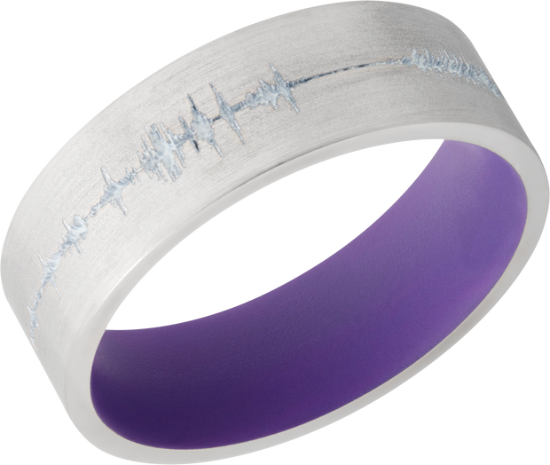 Cobalt chrome 7mm flat band with a laser-carved personalized soundwave and a Bright Purple Cerakote Sleeve