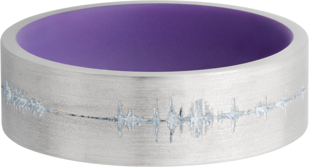 Cobalt chrome 7mm flat band with a laser-carved personalized soundwave and a Bright Purple Cerakote Sleeve