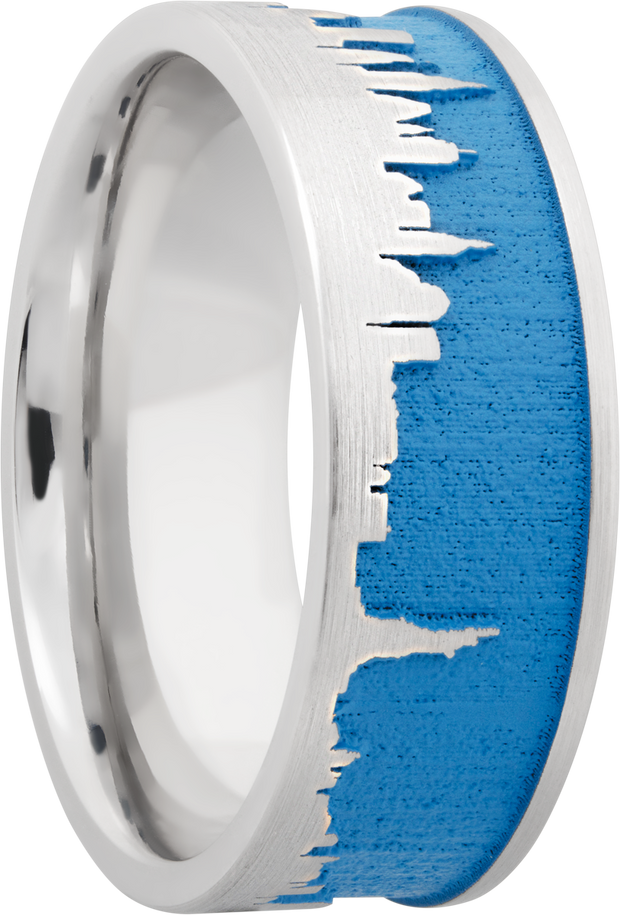 Cobalt chrome 8mm flat band with a laser-carved New York skyline featuring Sea Blue Cerakote in the recessed pattern