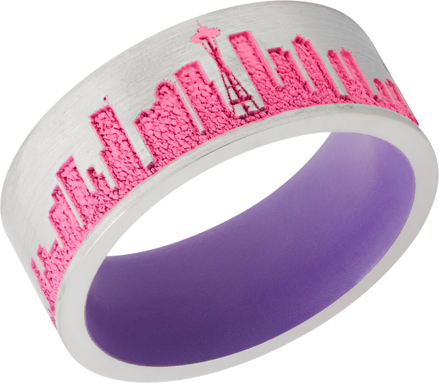 Cobalt chrome 8mm flat band with a laser-carved New York skyline featuring Pink Cerakote in the recessed pattern and Bright Purple Cerakote on the sleeve